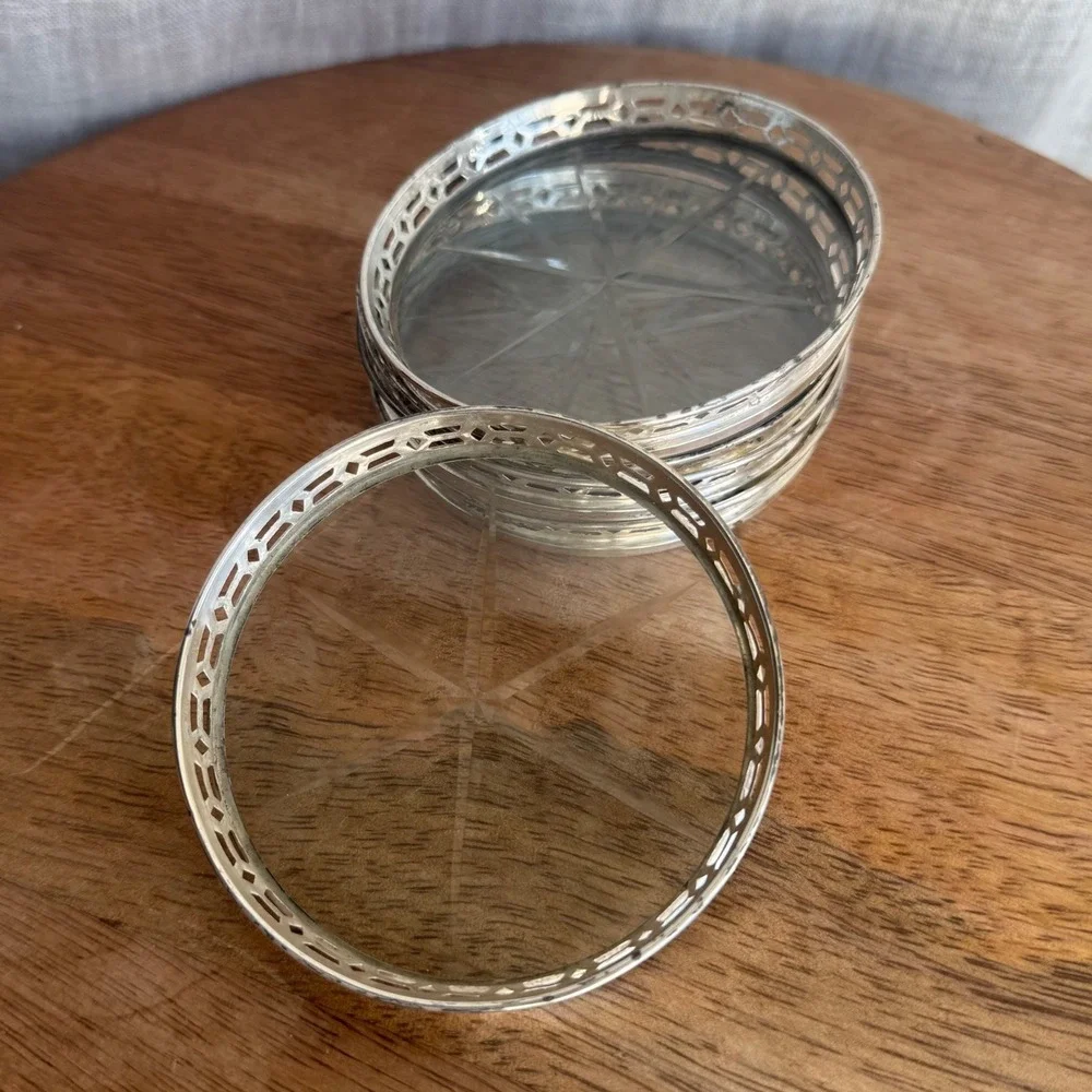 Vintage Sterling Silver Filigree Pierced Coasters Set of 5 Starburst Barware